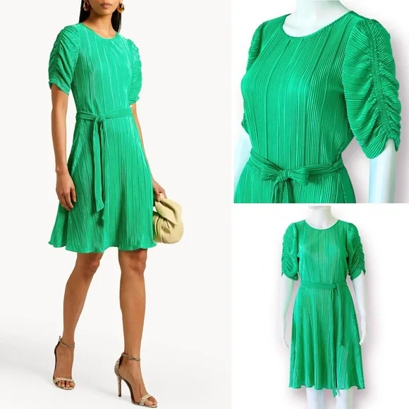 DKNY Satin Pleated Dress Ruched Sleeve Crew Neck Tie-Waist A-Line Pullover Style - Picture 7 of 16